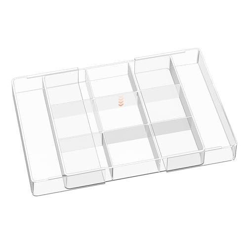 VDTEB Acrylic Expandable Desk Drawer Organizer with 11 Adjustable Compartments and 6 Removable Dividers Desk Accessories for Office Kitchen Bathroom Makeup and Utensil Junk Storage (Clear, 1Pc)