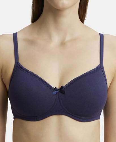 Image of Jockey 1723 Women's Wirefree Padded Super Combed Cotton Elastane Stretch Medium Coverage T-Shirt Bra with Lace Styling Classic Navy 36D