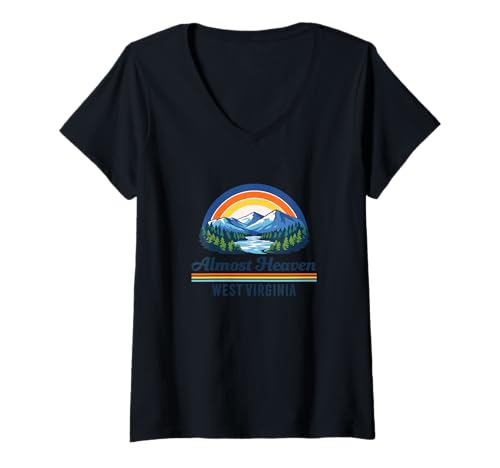 Women's Almost Heaven West Virginia Scenic Mountain Retro V-Neck T-Shirt