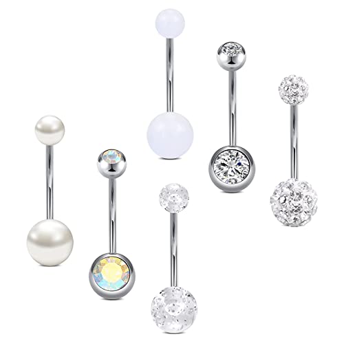 Vcmart 6piezas Piercing Ombligo 14mm Barra de Vientre Acero Quirúrgico 14G Piercing Joyería Plata Negro Cover