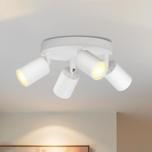 LVWIT Lámpara Techo Focos con 4 Focos Giratorios GU10, Lámpara de Pared Interior Blanco Ajustables Base Circular, Focos Led Interior Techo Iluminación para Dormitorio Pasillo Cocina (Sin Bombillas).
