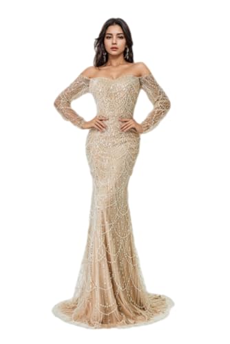 Mermaid/Trumpet Sexy Evening Dress Party Off-The-Shoulder Court Train Long Sleeves Prom Dress with Sequin 2024