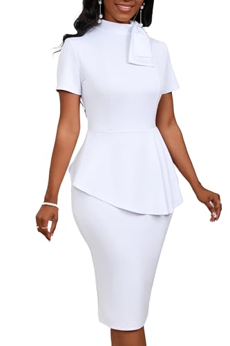 Image of PerZeal Women's Fashion Peplum Bodycon Short Sleeve Work Dresses Bow Club Ruffle Pencil Formal Cocktail Dress