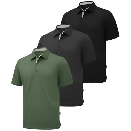 ZITY 3 Pack Polo Shirts for Men Short Sleeve Moisture Wicking T Shirt Business Casual Mens Golf Shirts Collared T-Shirts Black Grey Green Large