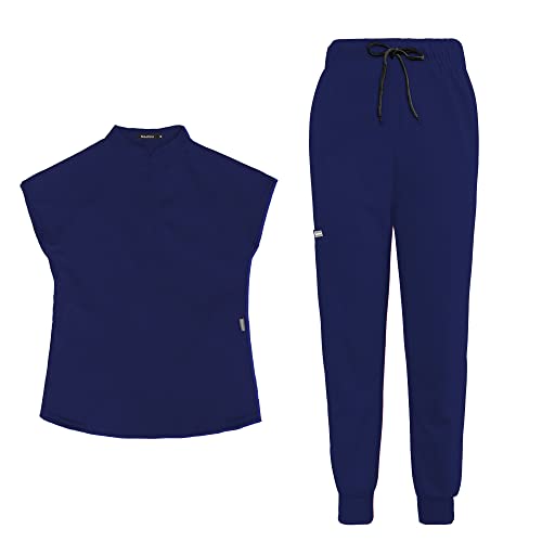 niaahinn Hospital Scrubs for Women Modern Unsex V-neck Scrub Top & Cargo Scrub Pants Multiple Colour Jogger Suit Scrubs (Navy Blue,S,Small)