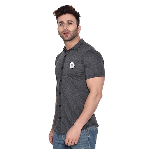 Image of Geum Men's Casual Shirt with Graphic Print | Short Sleeve Button-Down Shirt for Casual & Streetwear Look | Cotton Blend Slim Fit Shirt