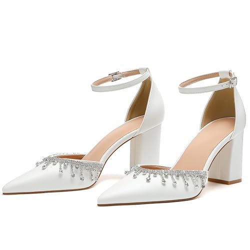 Bridal Heels for Wedding with Crystal Rhinestone, Block Heel Pointed Toe Women's Pumps, Closed Toe Heels for Women2