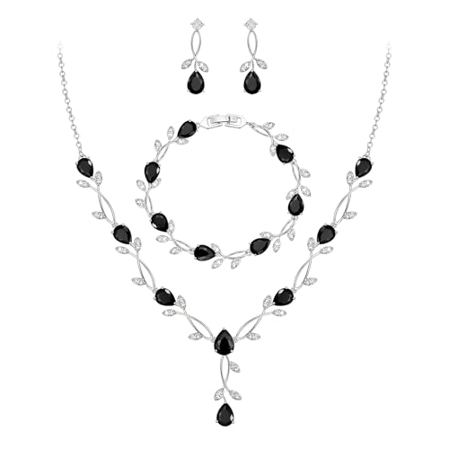 EVER FAITH Prom Party Jewelry Set for Bride Bridesmaid, Black Teardrop Cubic Zirconia Leaf Vine Bridal Necklace Dangle Earrings Bracelet Sets for Women