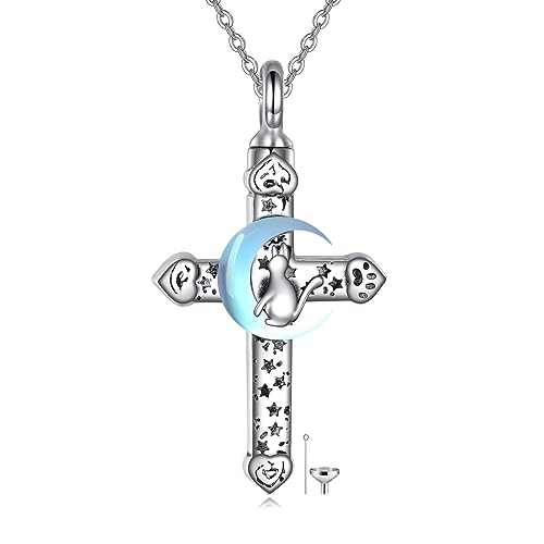 POPLYKE Pet Cat Cremation Jewelry for Ashes Sterling Silver Memorial Ash Jewelry Moonstone Cross Keepsake Urn Pendants for Animal Ashes Necklace