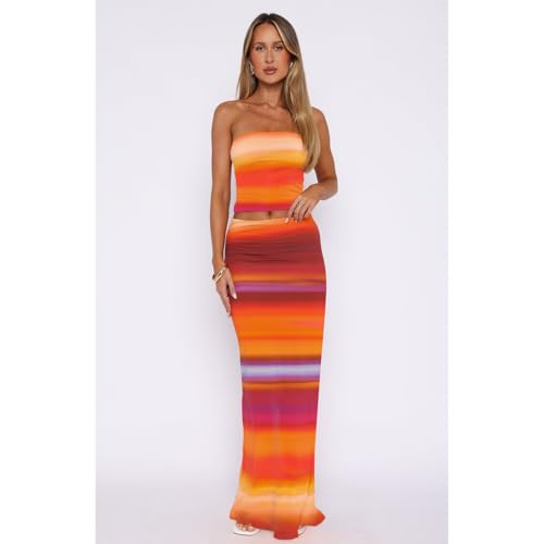 Image of Goafuliy 2 Piece Skirt Sets for Women Summer, Floral Sleeveless Tube Top Bodycon Maxi Skirts Y2k Vacation Going Out Outfits
