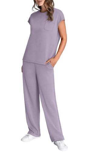 Image of WIHOLL 2 Piece Sets for Women Casual Summer Travel Vacation Outfits Cap Sleeve Lounge Set
