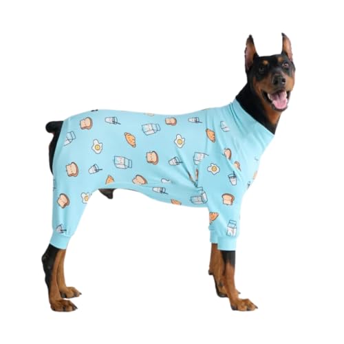 Spark Paws Hundepyjama, ultraweich und 4-Wege-Stretch, Erholungsanzug nach Operation, Schlafanzug Onesie für Kleine, Mittlere und Große Hunde - Breakfast Blue - 3XL