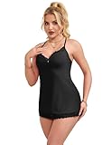 ohmydear Nachthemd Damen Sexy Modal Negligee Ärmellose V-Ausschnitt Schlafkleid Spitze Nachtkleid Dessous Nachtwäsche mit Verstellbare Träger Schwarz XL