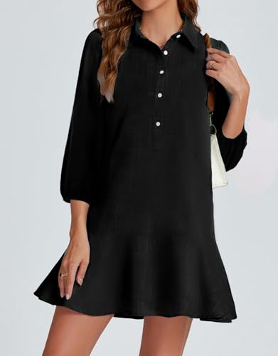 Image of YEXPINE Women Button Down Dress Casual 3 /4 Puff Sleeve Cotton Linen Dress Flowy Ruffle Hem Tunic Shirt Dresses