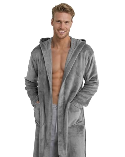 Twinzen Damen & Herren Kuschelfleece Morgenmantel mit Kapuze L - Grau - Weich, Warm & Bequem - Öko-Tex Standard 100 zertifiziert