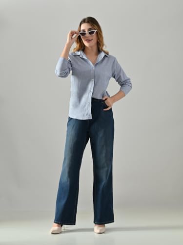 Image of Women's Blue Cotton Striped Shirt - Regular Fit, Full Sleeve, Collared Formal Shirt for Office, Casual