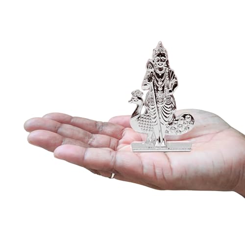 Image of anciently Murugan Statue for Car Dashboard | Kartikeya Idol for Car Dashboard, Metal, 1 Piece (Shining Silver)