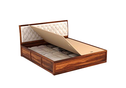 Image of Luxury Upholstered Queen Size Bed with Storage | Soft Fabric Padded Quilted Headboard | Strong Sheesham Wood Frame | Modern Wooden Bed for Bedroom Home & Hotel (Honey Finish, Queen)