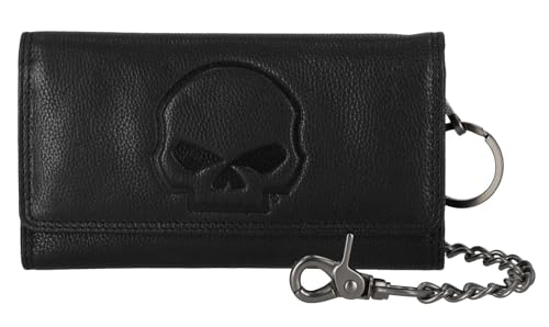 Harley-Davidson Men's Skull Embossed Trucker Biker Chain Leather Wallet, Black