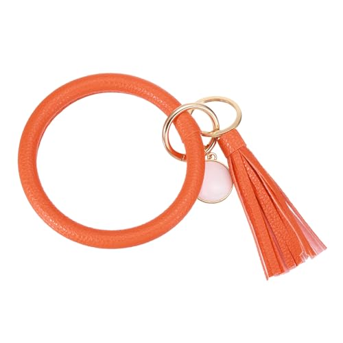 Porte-clés rond en cuir synthétique orange avec pompon suspendu et pendentif pour femme