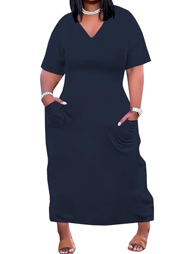 Image of SUZONANA Women Casual T-Shirt Dress V Neck Short Sleeve Solid Color Oversize Dress with Front Two Pockets