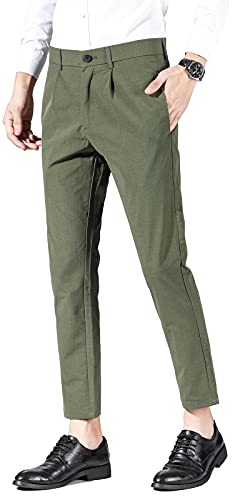 Plaid&Plain Men’s Cropped Pants Slim Fit Dress Pants Uniform Pants Suit Pants for Men 662# Olive 36Wx26L