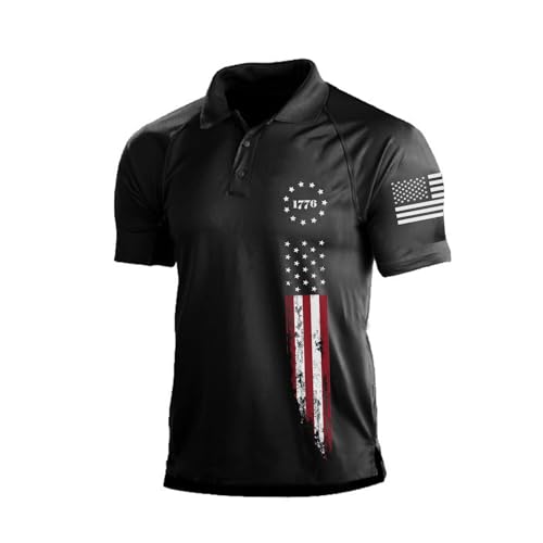 H HYFOL Short Sleeve Polo Shirts for Men 1776 Independence Day Graphic Stretch Casual American Patriotic Golf Polos for Men(Black L)