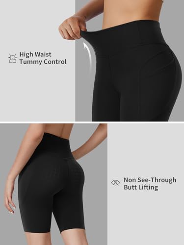 High Waisted Biker Shorts for Women with 3 Pockets, Butter Soft Tummy Control Squat Proof Workout Shorts-Black-S — view 5