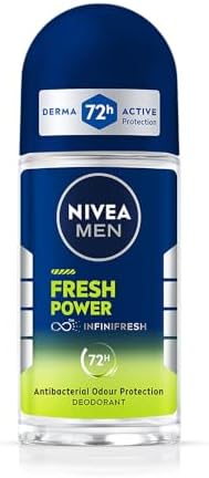 NIVEA Men Fresh Power Underarm Roll-On Deodorant|72 H Long Lasting Freshness|Fights Bacteria And Body Odour|Fresh Musk Fragrance|0% Alcohol|Dermatologically Approved & Paraben Free Formula|50Ml