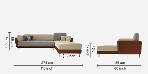 Image of Sixpine Luxury Dual Color Upholstery Lounger LHS Sofa in Premium Velvet | Solid Wood Structure | Sturdy Golden Legs | High Density Foam | Extra Comfort for Modern Living Room (Brown & Beige, 5 Seater)