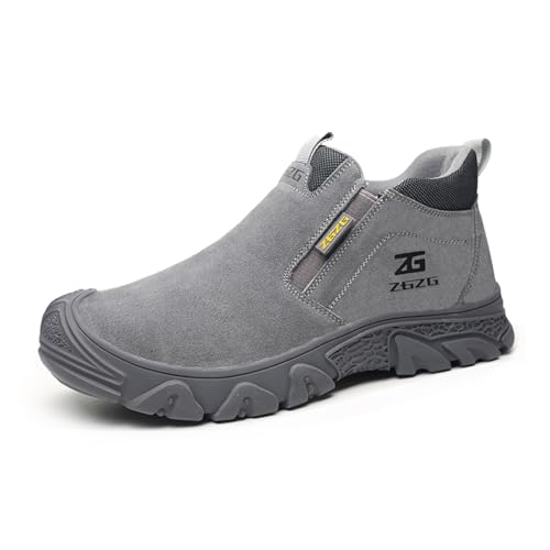 Steel Toe Cap Safety Shoes Mens Leather Slip On Work Ankle Boots Anti-Splashing Welder Protective Trainers Footwear Grey