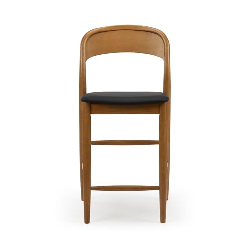 Image of Plank+Beam Loar Upholstered Counter Stool, Solid Rubberwood, Mid-Century Modern Kitchen Bar Chair, Curved Back, Low-VOC Finish, Counter Height Seating, Pecan /Black