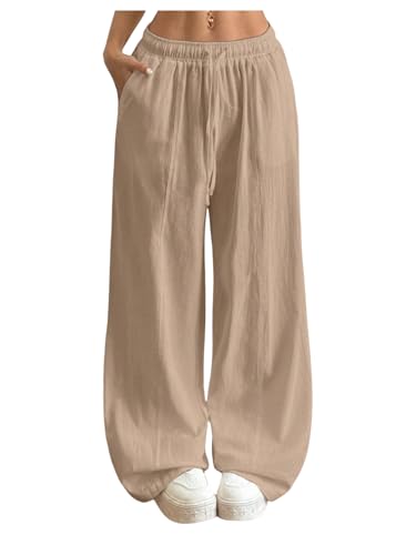 Women's Light Weight Drawstring Waist Palazzo Cover Up Pants Streetwear Casual Wide Leg Trousers with Pockets