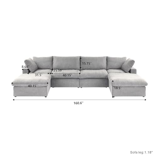 Cloud Modular Sectional Sofa Couch,160.6" U Shaped Convertible Couches with Storage Ottoman for Living Room,Minimalist Deep Sofa Couches,Sofa Covers Washable&Replaceable(Grey)