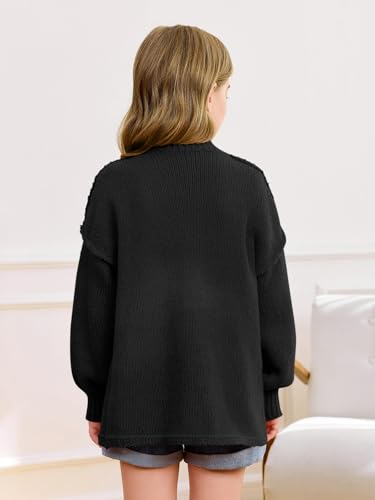 Haloumoning Girls Button Down Cardigan Mock Neck Lantern Long Sleeve Sweater Chunky Knit Outerwear Jacket 5-14Y3