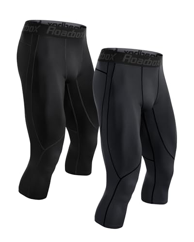 Roadbox Mens 3/4 Compression Pants, Athletic Running Legging Tights, Spandex Base Layer Workout Baseketball Gym