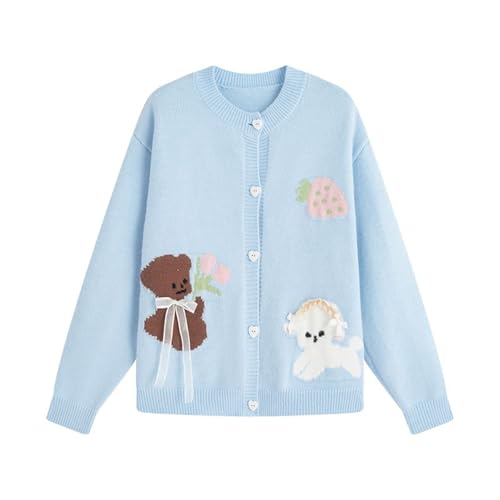 Chevara Women’s Animal Pattern Knit Cardigan Kawaii Japanese Crewneck Long Sleeve Button Down Sweater Coat