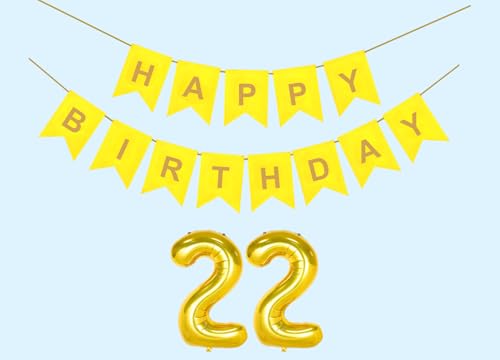 Image of 22nd Happy Birthday Decoration Kit Yellow for 22 year Old Boys Girls Women with Number Twenty-two Party Decorations Decor Celebration Items Item Set Combo Reusable Paper Banner