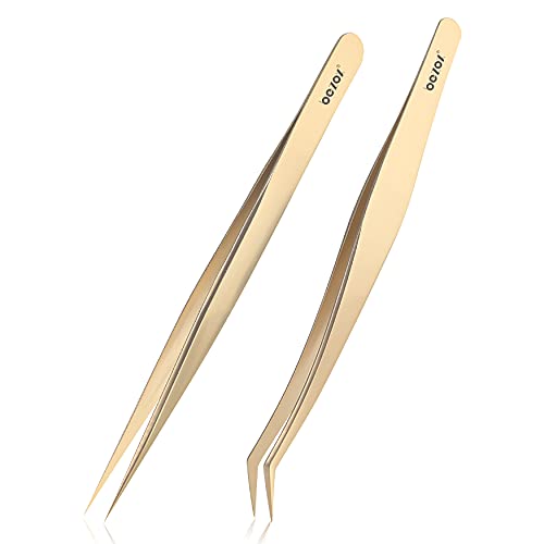 BEZOX Eyelash Extension Tweezers Set of 2, Curved and Straight Tip Isolation Volume Tweezer for Lash Extension, Lash Extension Supplies Kit, Precise Individual Lashes Tweezers - Gold Plated