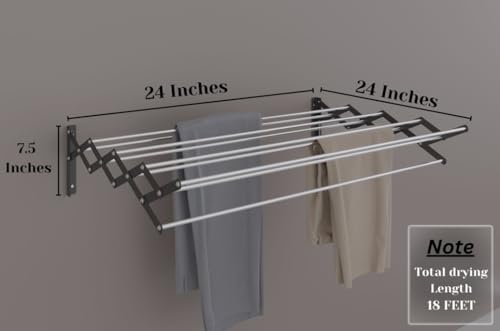 Image of RIOMAX Heavy Duty Rust-Free Stainless Steel Foldable Wall Mounted /Mounting Clothes Drying Stand /Cloth Dryer Racks for Bathroom /Balcony /Indoor /Outdoor (2 Ft - 9 Rod - Black & Silver)