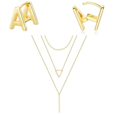 Giftall Layered Necklace and Initial A Earrings Jewelry Set for Women Gold Plated Layered Necklace with Letter Stud Earrings Women Jewelry Cover