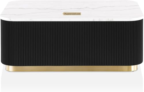 Image of Luxury Rectangle Black Coffee Table with Nano Composite Marble-Look Top & Gold Base, Waterproof Plywood, Contemporary Center Table with Ribbed Fluted Design for Living Room & Home Decor