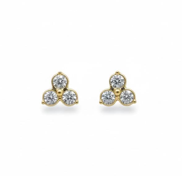 Traditional Impon Panchaloha Five Metals Three White Stones Small Earrings | Diamond Inspired Gold-Plated Stud Earrings for Kids Women & Girls (P497) | Panchaloha Material with Floral Design-image-1