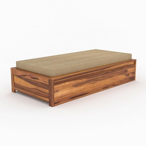 Image of Wooden Single Size Bed for Living Room, Drawing Room & Bedroom | Space Saving Wooden Cot /Palang /Diwan with Trundle Drawer Storage | Solid Sheesham Wood | Honey Finish