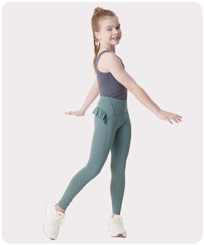 Girls Leggings with Cute Ruffle Hem High-Waist Yoga Leggings Dance Workout Pants Soft Comfort Tights 4-16Y3