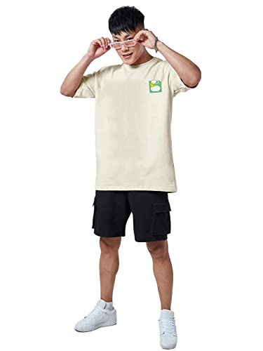Image of Veirdo Men's Cotton Loose Oversize Baggy Fit Drop Shoulder Cool and Stylish Pocket Floppy Print Design Half Sleeve Beige T-Shirt