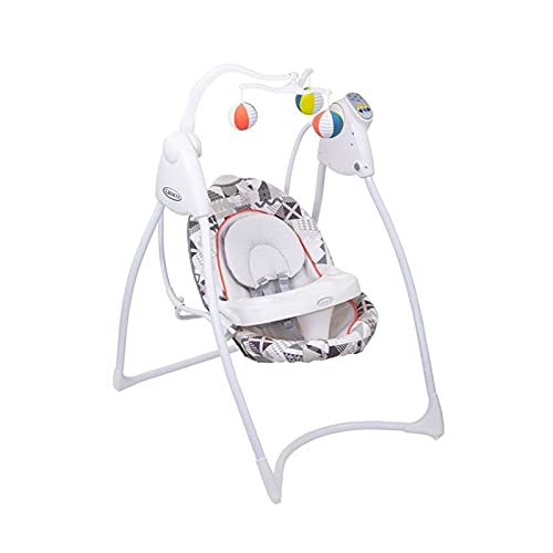 Graco Lovin Hug Balançoire électrique avec arche de jeu pour bébé et table à partir de 0 mois pour nouveau-né, balançoire électrique avec musique et sons de la nature, pliable, patchwork gris