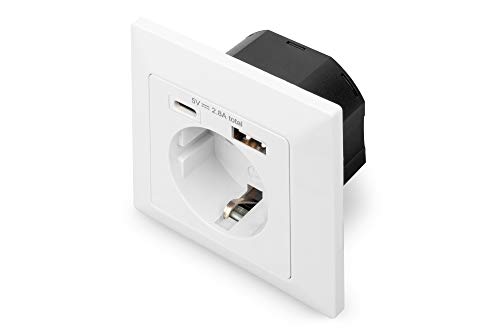 DIGITUS DA-70615 - Presa da incasso con caricatore USB - 1 pezzo - 1x USB-A fino a 2,8 A / 1x USB-C fino a 2,8 A - Profondità di montaggio 32 mm - Compatibile con il design - Bianco puro RAL 9003