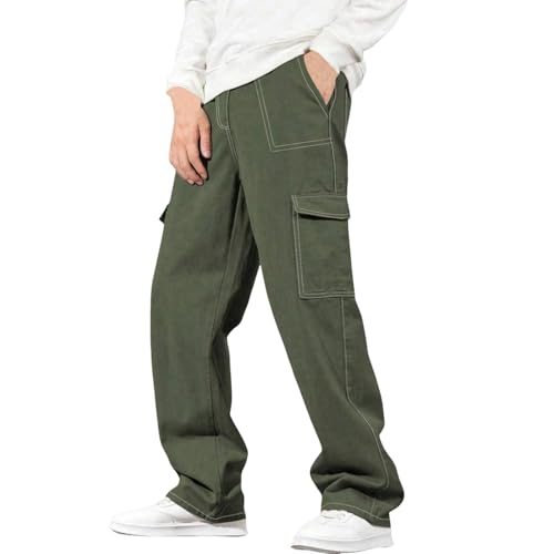 Men's High Waisted Baggy Cargo Pants Wide Leg Denim Cargo Hiking Pants Vintage Contrast Stitching Workout Trousers