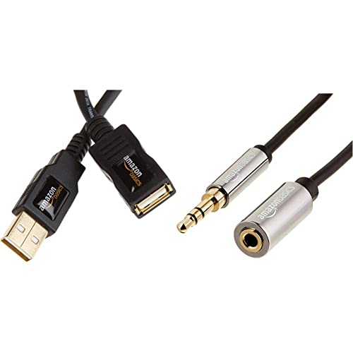 Amazon Basics USB 2.0 Extension Cable - A-Male to A-Female Adapter Cord - 6.5 Feet (2 Meters) & 3.5mm Male to Female Stereo Audio Extension Adapter Cable - 25 Feet